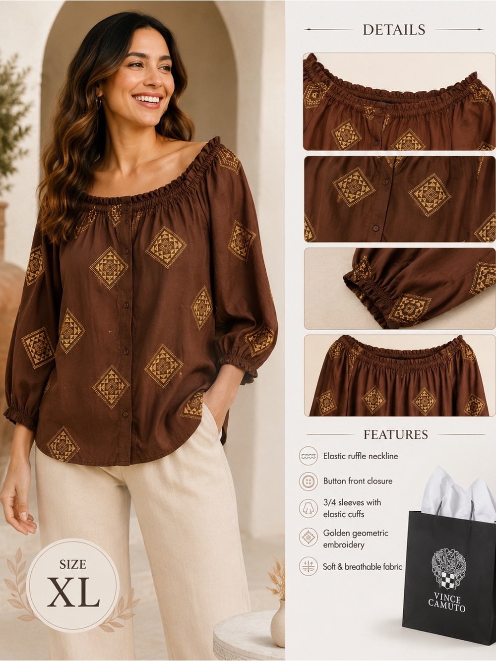 Vince Camuto Brown Off-Shoulder Blouse with Gold Geometric Embroidery